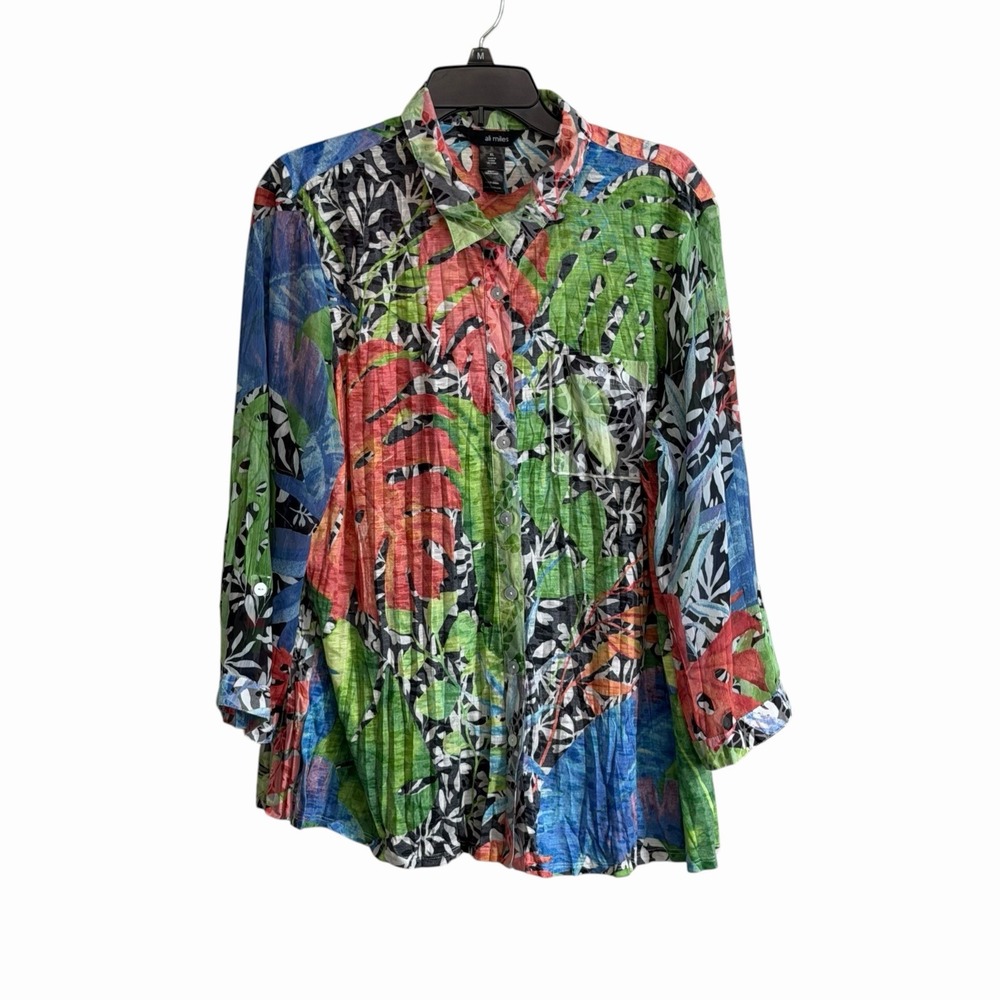 Ali Miles Top Womens XL Multicolor Tropical Floral Leaf Roll Tab Button Up Artsy